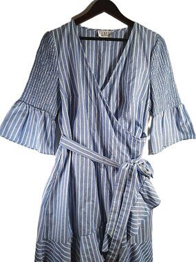 LABEL Women's Blue/White Striped Faux Wrapped Dress Size 10